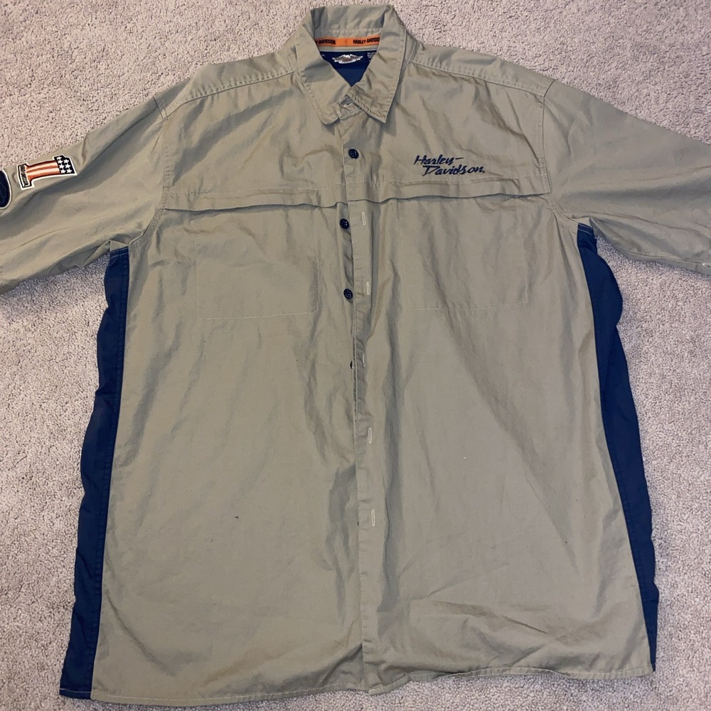 Harley Davidson Mens Button Up Short Sleeve Shirt Shop Mechanic Brown Blue Sz XL